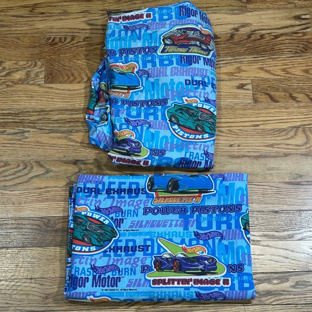 Vintage 1997 Hot Wheels Twin Sheet Set Blue Racing Cars Mattel Springs USA Made